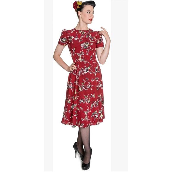 Retro Hell Bunny Vixen Landgirl 40s Birdy Dress Fit And Flare A Line Red Small - Picture 1 of 7